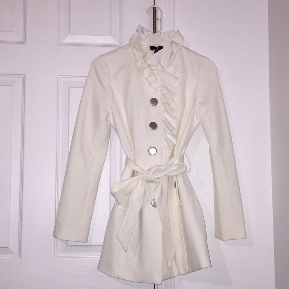 White beautiful fitted button down belted coat